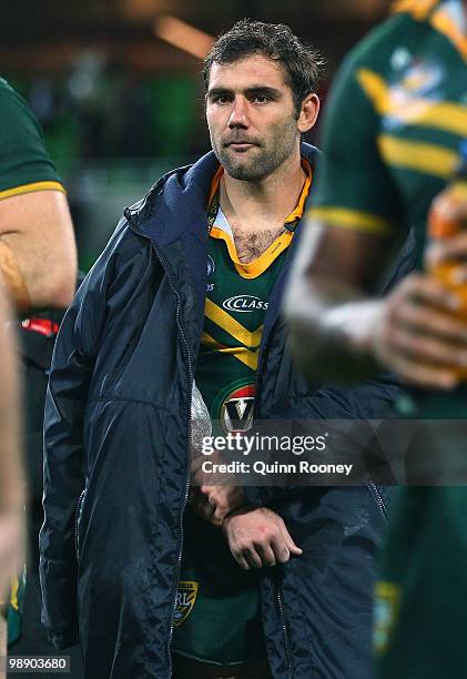 Cameron Smith of the Kangaroos has his elbow heavily iced after injuring his arm during the ARL Test match between the Australian Kangaroos and the...