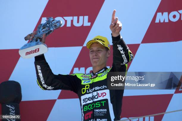 Fabio Quartararo of France and Beta Tools - Speed Up Racing celebrates the second place on the podium at the end of the Moto2 race during the MotoGP...