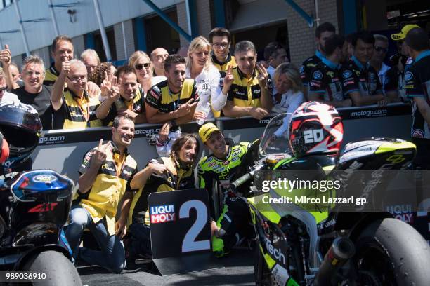 Fabio Quartararo of France and Beta Tools - Speed Up Racing celebrates the second place with team under the podium at the end of the Moto2 race...