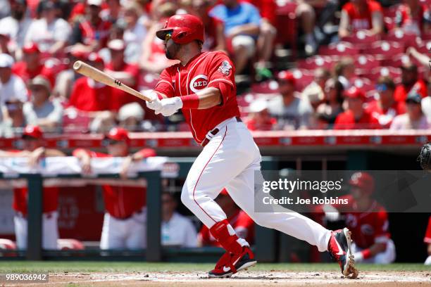 Eugenio Suarez of the Cincinnati Reds hits a single to right field to drive in a run in the first inning against the Milwaukee Brewers at Great...