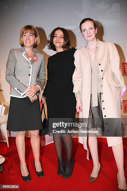 Anne Lauvergeon, Nathalie Rykiel and Nathalie Kosciusko-Morizet pose on the last day of the Women's Forum at French Political Sciences Institute in...