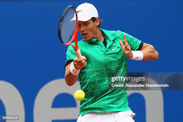 Tomas Berdych of Czech Republic plays a fore hand during his match against Philipp Petzschner of Germany on day 6 of the BMW Open at the Iphitos...