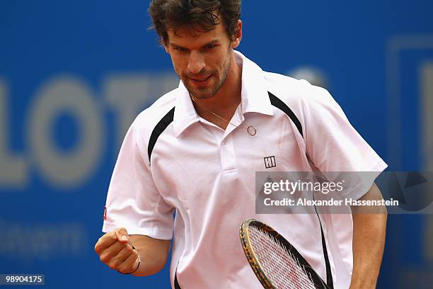 Philipp Petzschner of Germany reacts during his match against Tomas Berdych of Czech Republic on day 6 of the BMW Open at the Iphitos tennis club on...