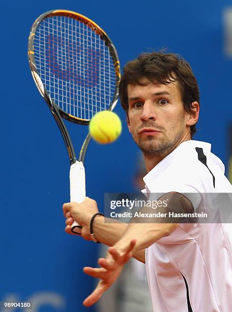 Philipp Petzschner of Germany plays a fore hand during his match against Tomas Berdych of Czech Republic on day 6 of the BMW Open at the Iphitos...