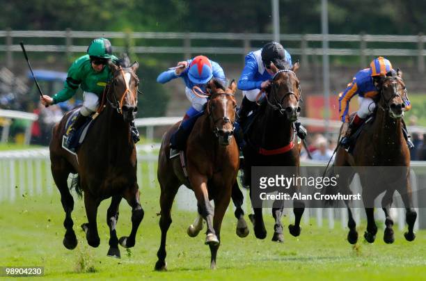 Azmeel and Frankie Dettori win The Addleshaw Goddard Dee Stakes from Dancing David at Chester racecourse on May 07, 2010 in Chester, England