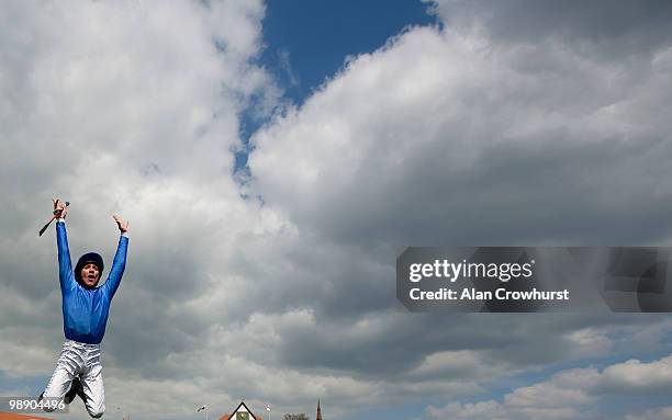 Frankie Dettori celebrates victory on Azmeel as they win The Addleshaw Goddard Dee Stakes as at Chester racecourse on May 07, 2010 in Chester, England