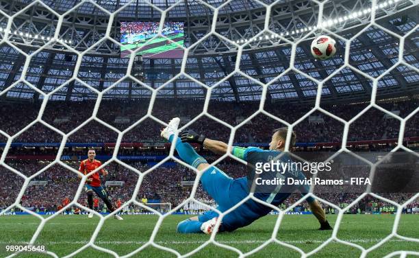 Iago Aspas of Spain misses his team's fifth penalty, saved by Igor Akinfeev of Russia, in the penalty shoot out during the 2018 FIFA World Cup Russia...
