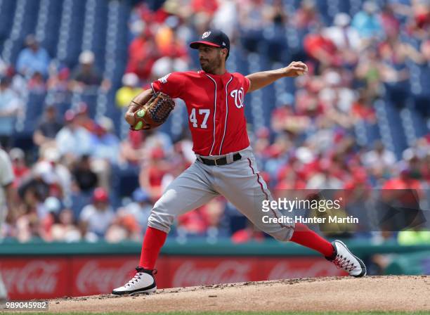 Starting pitcher Gio Gonzalez of the Washington Nationals throws a pitch in the first inning during a game against the Philadelphia Phillies at...