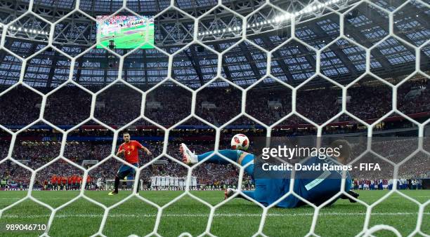 Koke of Spain misses his team's third penalty, saved by Igor Akinfeev of Russia, in the penalty shoot out during the 2018 FIFA World Cup Russia Round...
