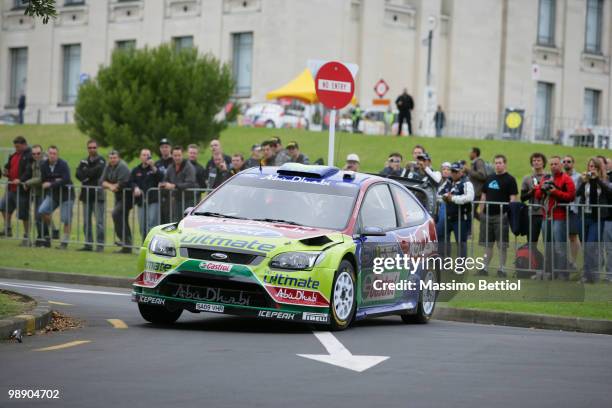 Mikko Hirvonen of Finland and Jarmo Lehtinen of Finland compete in their BP Adu Dhabi during the Shakedown of the WRC Rally of New Zealand on May 6,...