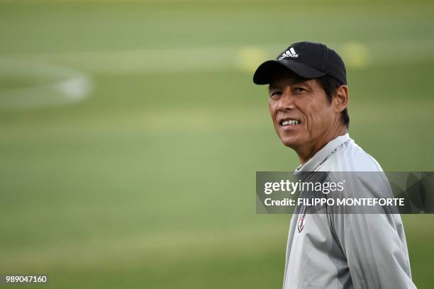 Japan's coach Akira Nishino attends a training session in Rostov-on-Don on July 1 on the eve of their Russia 2018 World Cup round of 16 football...