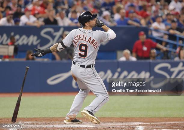 Nicholas Castellanos of the Detroit Tigers hits a grand slam home run in the fifth inning during MLB game action against the Toronto Blue Jays at...