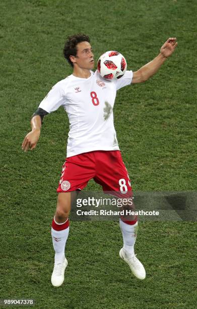 Thomas Delaney of Denmark controls the ball during the 2018 FIFA World Cup Russia Round of 16 match between Croatia and Denmark at Nizhny Novgorod...