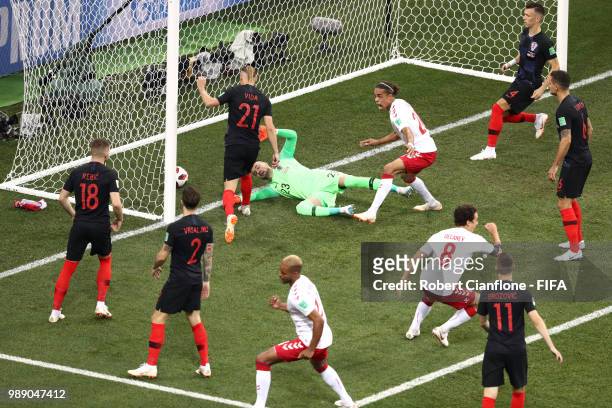 Mathias Jorgensen of Denmark celebrates scoring his team's first goal past Danijel Subasic of Croatia during the 2018 FIFA World Cup Russia Round of...