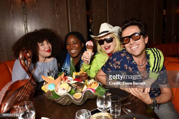 Zezi Ifore, guest, Pam Hogg and Nick Grimshaw attend The Grimmy Brunch Series at Sexy Fish on July 1, 2018 in London, England.