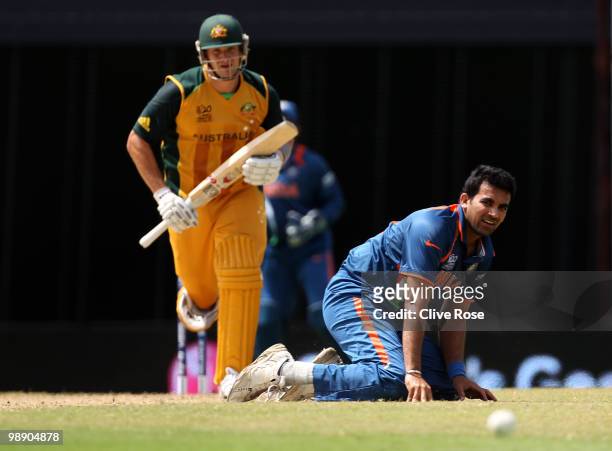 Zaheer Khan of India looks as the ball runs past him during the ICC World Twenty20 Super Eight match between Australia and India at the Kensington...