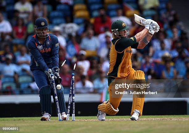 Dhoni of India looks on as Shane Watson is bowled out during The ICC World Twenty20 Super Eight Match between Australia and India played at The...