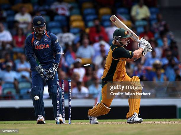 Dhoni of India looks on as Shane Watson is bowled out during The ICC World Twenty20 Super Eight Match between Australia and India played at The...