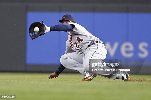 Miguel Cabrera of the Detroit Tigers catches a ground ball hit by the Minnesota Twins on May 3, 2010 at Target Field in Minneapolis, Minnesota. The...