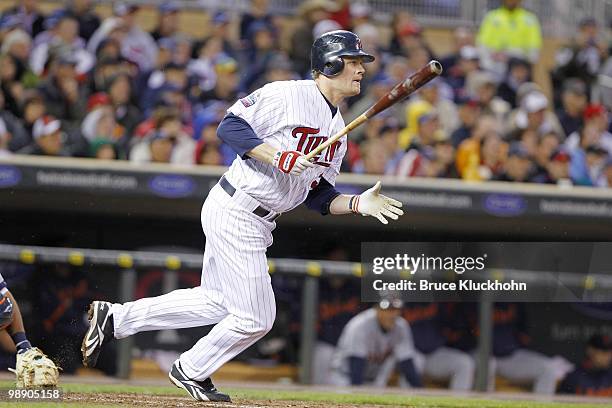 Justin Morneau of the Minnesota Twins bats against the Detroit Tigers on May 3, 2010 at Target Field in Minneapolis, Minnesota. The Twins won 10-4.