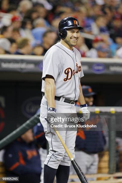 Johnny Damon of the Detroit Tigers smiles as he waits to bat against the Minnesota Twins on May 3, 2010 at Target Field in Minneapolis, Minnesota....
