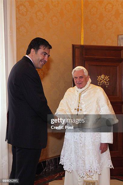 Pope Benedict XVI meets President of Georgia Mikheil Saakashvili at his library on May 7, 2010 in Vatican City, Vatican.