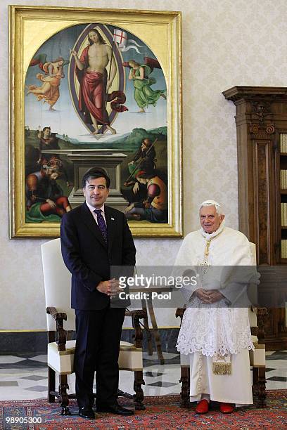 Pope Benedict XVI meets President of Georgia Mikheil Saakashvili at his library on May 7, 2010 in Vatican City, Vatican.