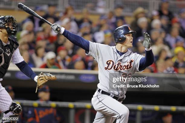 Brennan Boesch of the Detroit Tigers hits a double against the Minnesota Twins on May 3, 2010 at Target Field in Minneapolis, Minnesota. The Twins...