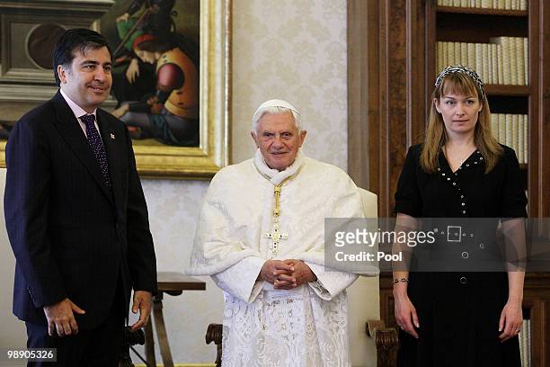 Pope Benedict XVI meets President of Georgia Mikheil Saakashvili and his wife at his library on May 7, 2010 in Vatican City, Vatican.