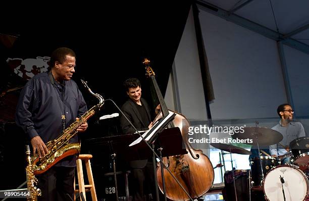 Wayne Shorter, John Patitucci and and Brian Blade performing at the New Orleans Jazz & Heritage Festival on May 2, 2010 in New Orleans, Louisiana.