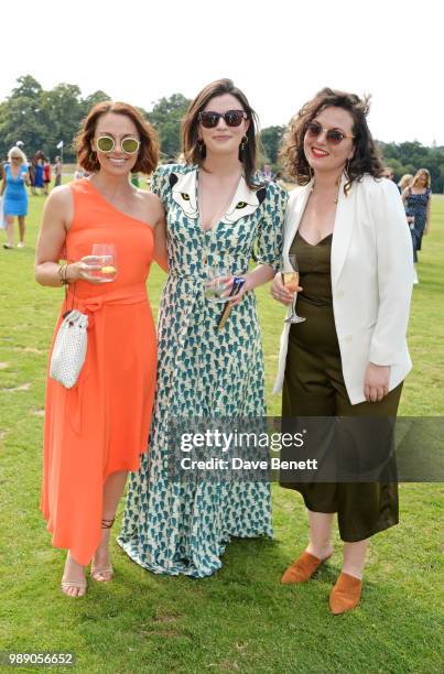 Jessica Ellerby, Aisling Bea and Hannah James-Scott attend the Audi Polo Challenge at Coworth Park Polo Club on July 1, 2018 in Ascot, England.