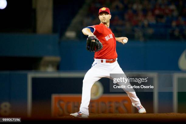 Happ of the Blue Jays delivers a pitch during the 2nd inning of MLB action as the Toronto Blue Jays host the Detroit Tigers at Rogers Centre on July...