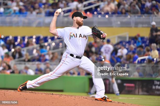 Dan Straily of the Miami Marlins throws a pitch during the second inning against the New York Mets at Marlins Park on July 1, 2018 in Miami, Florida.