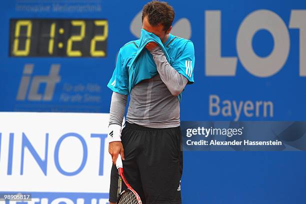 Philipp Kohlschreiber of Germany reacts during his match against Marcos Baghdatis of Cyprius on day 6 of the BMW Open at the Iphitos tennis club on...