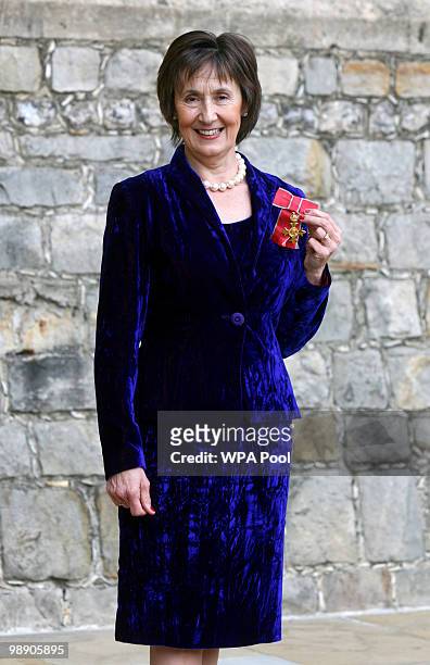 Director of BBC Wales, Menna Richards, from Llandaff, after she was made an OBE by Britain's Queen Elizabeth II for services to broadcasting, during...