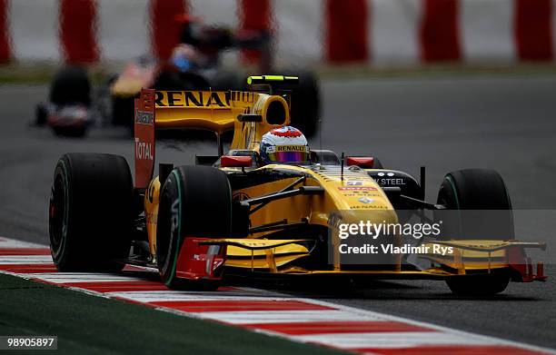 Vitaly Petrov of Russia and Renault drives during practice for the Spanish Formula One Grand Prix at the Circuit de Catalunya on May 7, 2010 in...