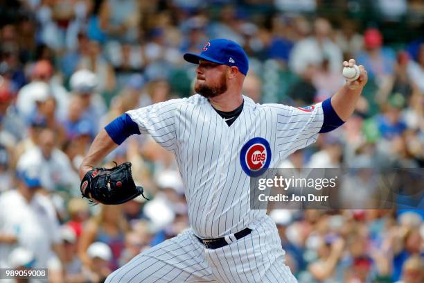 Jon Lester of the Chicago Cubs pitches against the Minnesota Twins during the first inning at Wrigley Field on July 1, 2018 in Chicago, Illinois.