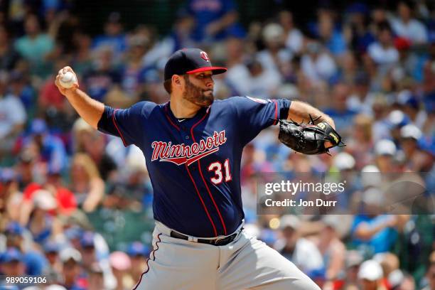 Lance Lynn of the Minnesota Twins pitches against the Chicago Cubs during the first inning at Wrigley Field on July 1, 2018 in Chicago, Illinois.