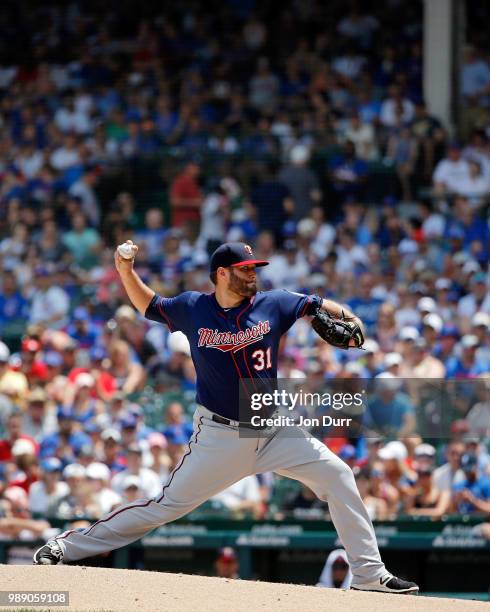 Lance Lynn of the Minnesota Twins pitches against the Chicago Cubs during the first inning at Wrigley Field on July 1, 2018 in Chicago, Illinois.