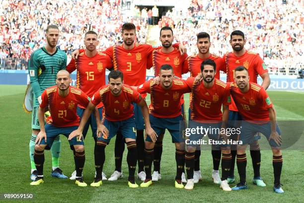 Player of Spain line up for the team photos prior to the 2018 FIFA World Cup Russia Round of 16 match between Spain and Russia at Luzhniki Stadium on...