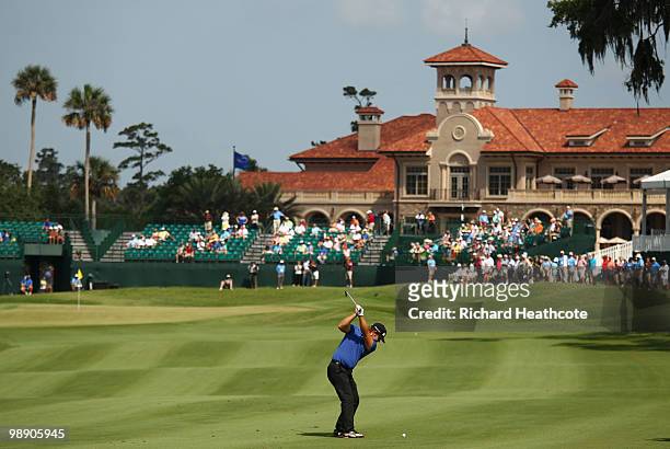Ryan Moore plays an approach shot on the fairway of the 18th hole during the second round of THE PLAYERS Championship held at THE PLAYERS Stadium...