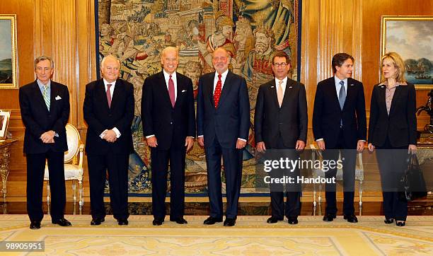 In this handout photo provided by the Spanish Royal House,Jorge Dezcallar Mazarredo, Spain's ambassador in USA, Miguel Angel Moratinos, Foreign...