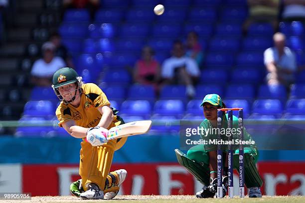 Alex Blackwell of Australia hits out during the ICC T20 Women's World Cup Group A match between Australia and South Africa at Warner Park on May 7,...