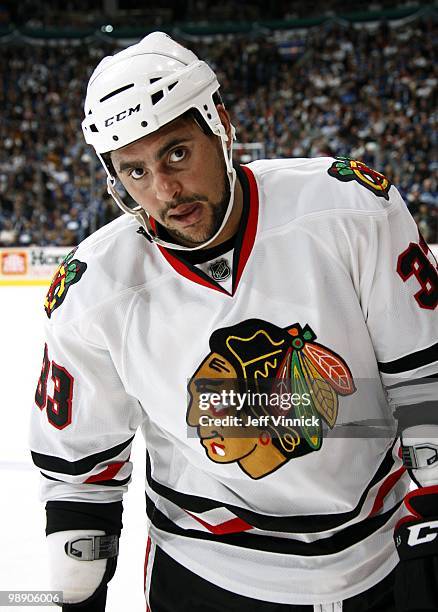 Dustin Byfuglien of the Chicago Blackhawks skates to the bench in Game Three of the Western Conference Semifinals against the Vancouver Canucks...