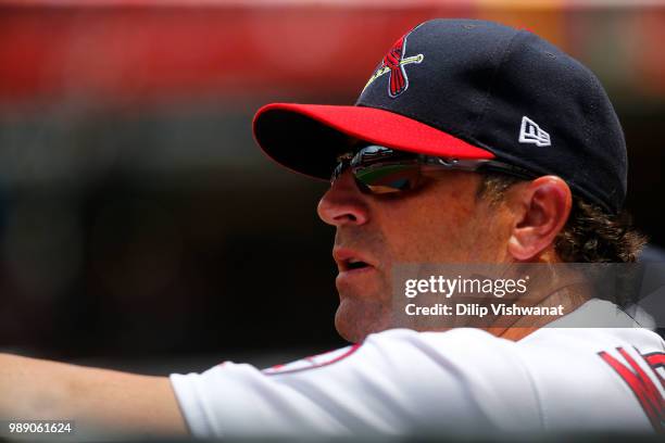 Manager Mike Matheny of the St. Louis Cardinals looks on during a game between the St. Louis Cardinals and the Atlanta Braves at Busch Stadium on...