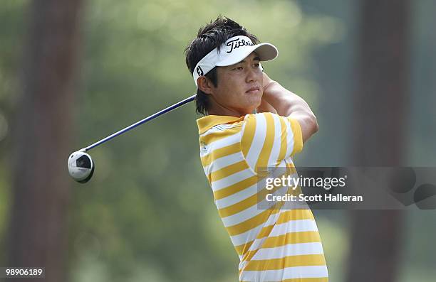 Ryuji Imada of Japan hits his tee shot on the sixth hole during the second round of THE PLAYERS Championship held at THE PLAYERS Stadium course at...