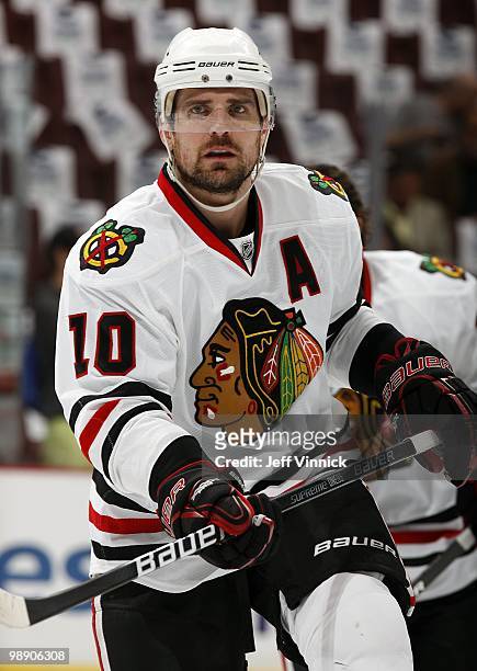 Patrick Sharp of the Chicago Blackhawks skates up ice in Game Three of the Western Conference Semifinals against the Vancouver Canucks during the...