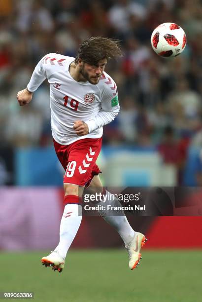 Lasse Schone of Denmark heads the ball during the 2018 FIFA World Cup Russia Round of 16 match between Croatia and Denmark at Nizhny Novgorod Stadium...