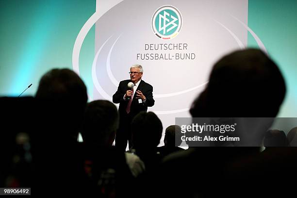 Theo Zwanziger, president of the German Football Association, delivers his speech at the DFB South West Congress at the Steigenberger Airport Hotel...
