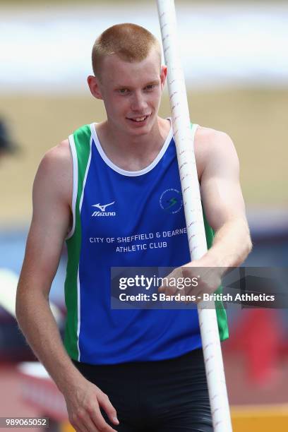 Adam Hague of Great Britain competes during the men's pole vault final during Day Two of the Muller British Athletics Championships at the Alexander...